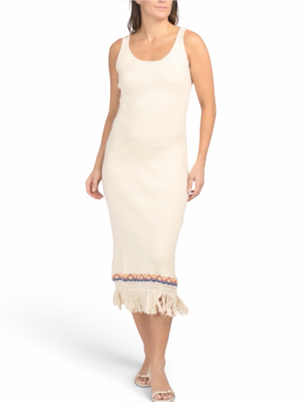 Super Natural Secret Mission M Fringe Hem Maxi Knit Dress Tan Sleeveless Crochet